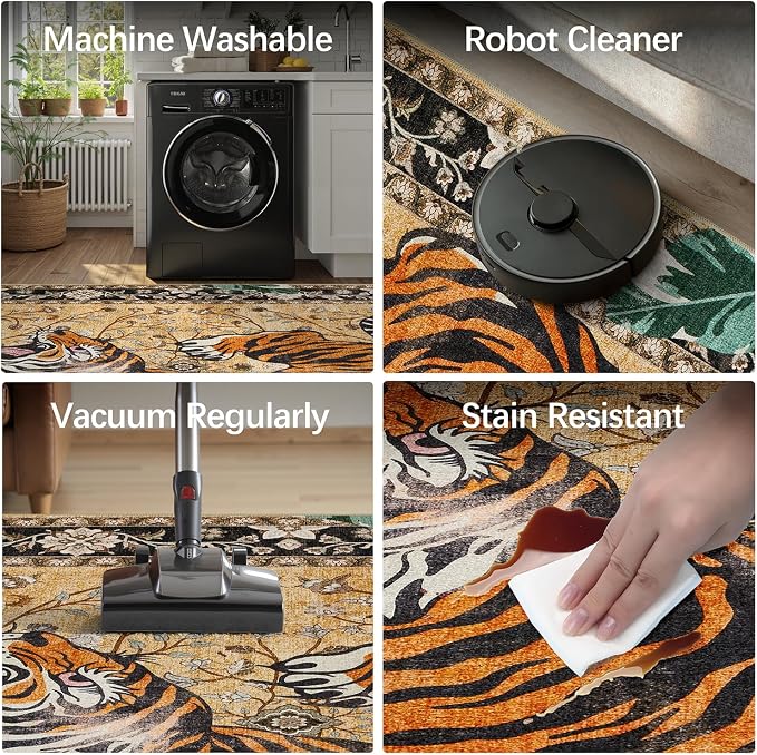 DCX Washable 3x5 Tiger Rug, Brown Vintage Animal Rug for Entryway, Soft Low Pile Carpet, Kid & Pet Friendly with Rubber Back Non Slip, Stain Resistant Rug for Bedroom, Laundry, Bathroom