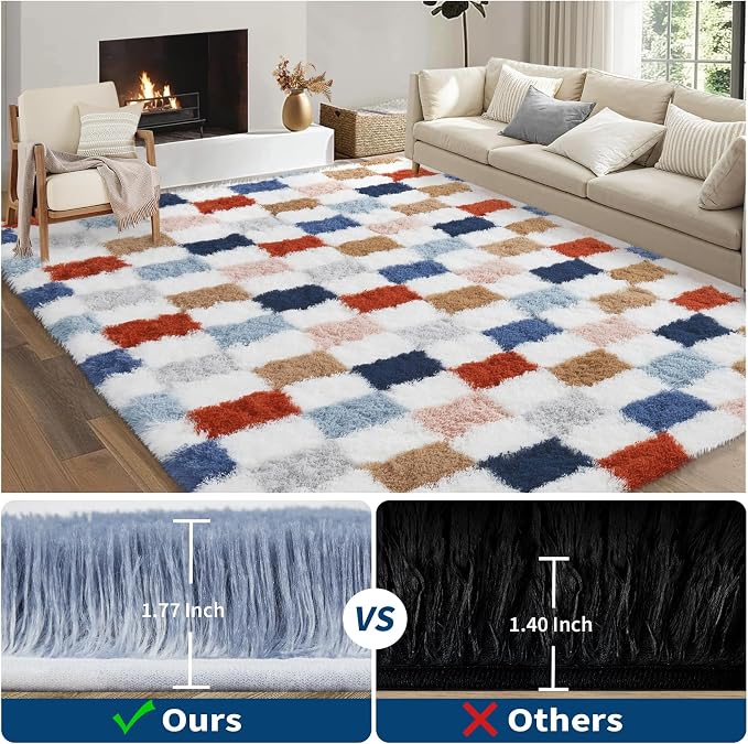 Garvee Plush Fuzzy 9x12 Area Rugs for Living Room, Washable Plush Checkered Rug for Bedroom, Modern Shag Rainbow Rugs Non Slip Soft Furry Large Carpet for Kids Room Nursery Home Decor