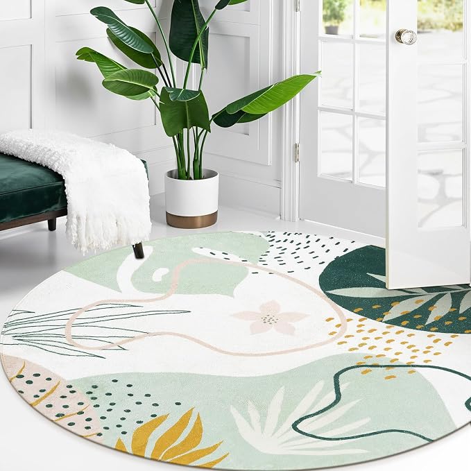 Lahome Green Washable Round Rug - 7Ft Round Area Rug for Living Room Throw Soft Boho Round Rug Large Non-Slip Round Dining Room Rug, Botanical Print Floor Round Carpet for Bedroom Office (Pink,7'x7')
