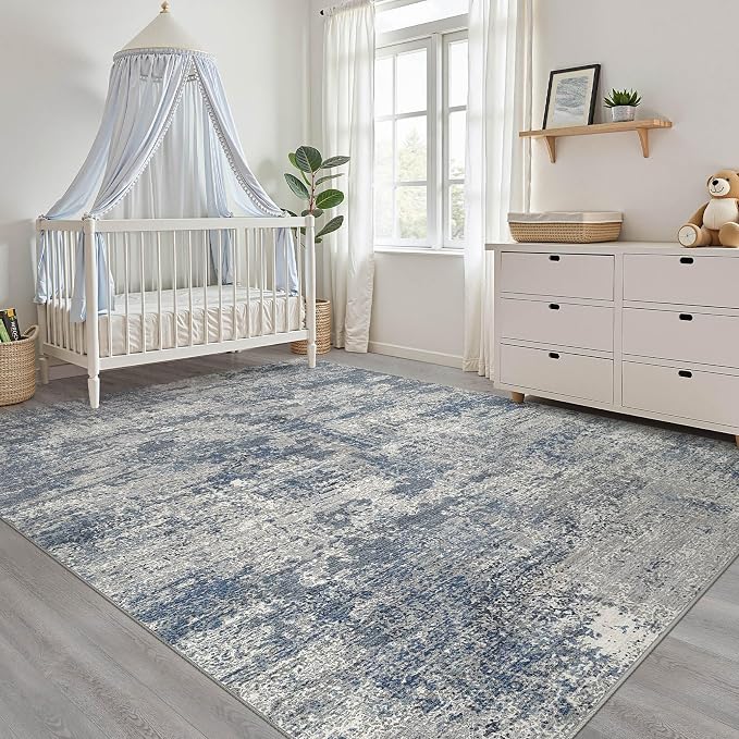 9x12 Area Rug Living Room: Washable Large Neutral Rug Abstract Soft Modern Stain Resistant Indoor Floor Non-Slip Carpet for Bedroom Nursery Kids Office Playroom Dining Room Under Table- Blue Gray
