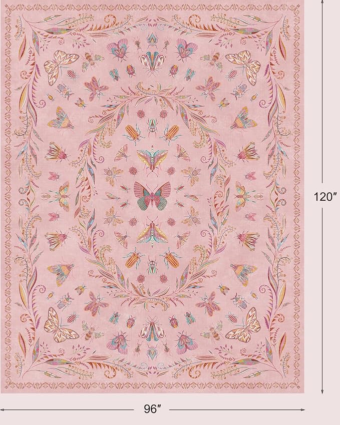 Lunasun Cute Rugs for Bedroom Girls - Pink Living Room Rugs 8X10, Dining Room Table, Washable Pastel Flower Insect Print Whimsical Décor
