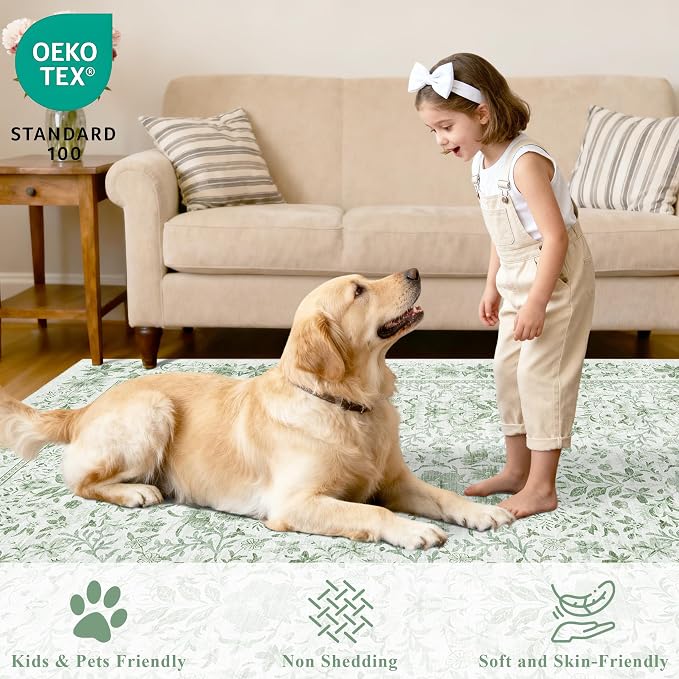 DUKINO 4x6 Rug for Living Room, Washable Vintage Floral Area Rug Sage Green | Non Slip, Low Pile, Non-Shedding, Aesthetic Lightweight Soft Indoor Carpet for Bedroom Kitchen Bathroom Entryway Farmhouse