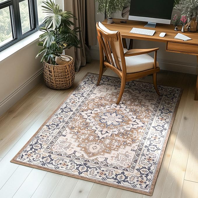 Lessymo 4 x 6 Area Rugs for Living Room- Machine Washable Area Rugs Boho Faux Wool Low Pile Area Rug for Bedroom, Floral Medallion Vintage Rugs Kid & Pet Friendly, Brown Beige