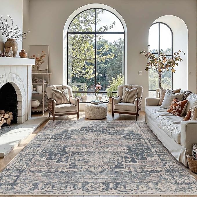 Rugxara Blue 6x9 Area Rugs Washable Rug for Living Room Dining Room Bedroom | Non Slip, Rug for Office Farmhouse Kids Room, Stain Resistant, Soft, Low Pile, Vintage Boho Floral Retro Carpet, Home Decor