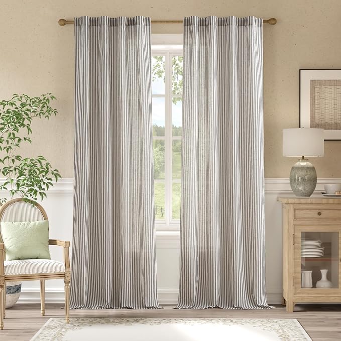 jinchan Linen Curtains 84" Charcoal Grey Stripe on Beige Back Tab 2 Panels | Curtains For Living Room Bedroom,Ticking Stripe, Farmhouse Cottage Core Rustic,Rod Pocket Window Treatment,Light Filtering