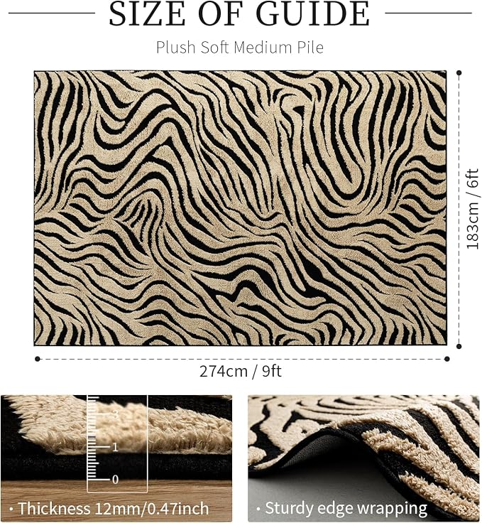 YIHOUSE 6×9 Ft Zebra Area Rugs Black and Beige: Washable Nonslip Plush Soft Rug for Living Room - High-Low Striped Carpet for Bedroom Dining Room Office Playroom Nursery Home Decor