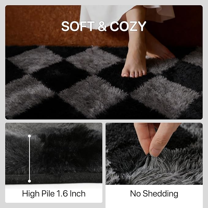 GENIMO Checkered Rug 6x9 Area Rugs for Kids Bedroom Soft Shag Rug Fluffy Fuzzy Carpet Plush Rugs for Living Room Nursery Playroom Dorm Modern Home Decor Aesthetic, Black and Grey