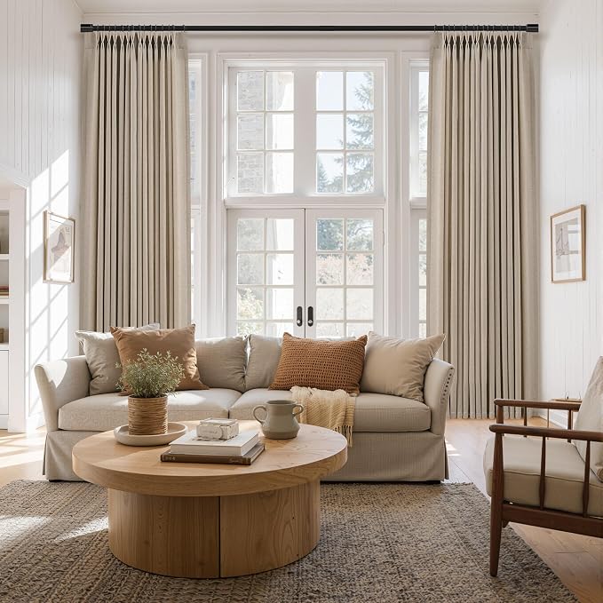 Eggshell Beige Extra Long Linen Pinch Pleated Curtains 108 Inches Long for Living Room Pinch Pleat Drape Hooks Rings Back Tab Semi Sheer Light Filtering Curtain for Bedroom Patio Door 2 Panels 40x108