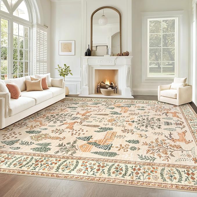 Living Room Rugs 9x12: Washable Boho Rug Farmhouse Non Slip Stain Resistant Large Rug Low Pile Soft Carpet for Bedroom Dining Room Children Room (Cream Animal,9'x12')