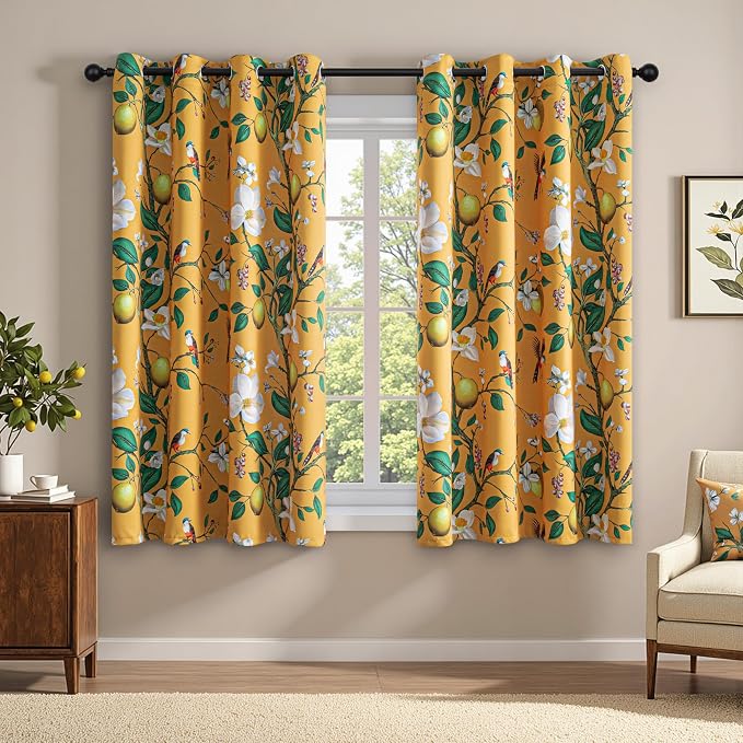 MYSKY HOME Floral Blackout Curtains 63 inch Length, Vintage Floral Curtains for Living Room Bird Lemon Patterned Curtain for Bedroom Farmhouse, Room Darkening Grommet Drapes 2 Panels, 52W Each Panel
