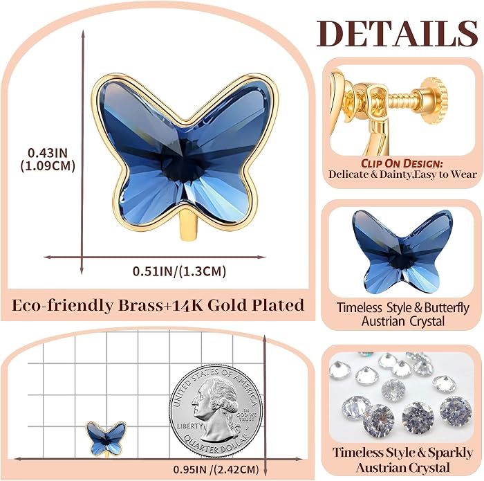 EVEVIC Austrian Crystal Butterfly Clip On Earrings for Women Adjustable Screw Back Non Pierced Earring 14K Gold Plated Hypoallergenic Jewelry