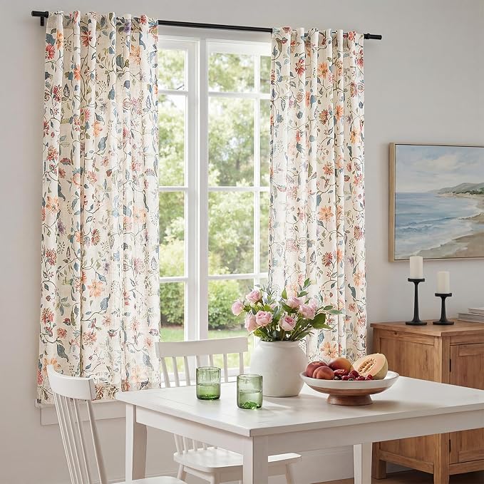 jinchan Beige Floral Linen Curtains 63 Inch Farmhouse Back Tab 2 Panels | Vintage, cottage core, light filtering, semi sheer, drapes, flower, bedroom, living room, decor, window treatment, rod pocket