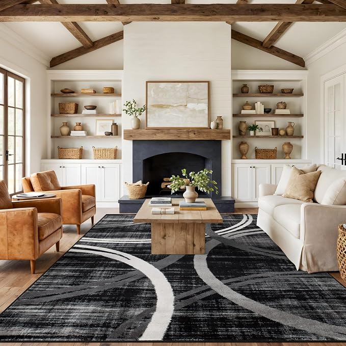 Rugshop Wavy Circles Modern Jute Backing Area Rug Black 7'10" x 10'2"