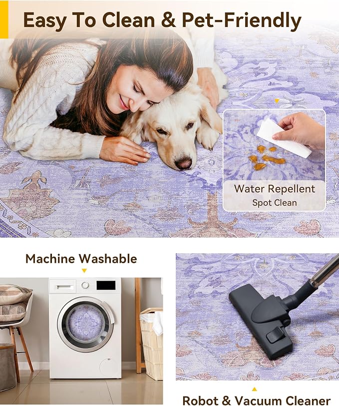 RELEANY Area Rugs Round 7ft Washable Non-Slip, Floral Vintage Distress Medallion Carpet for Living Room Bedroom Dining Room, Light Purple Brown