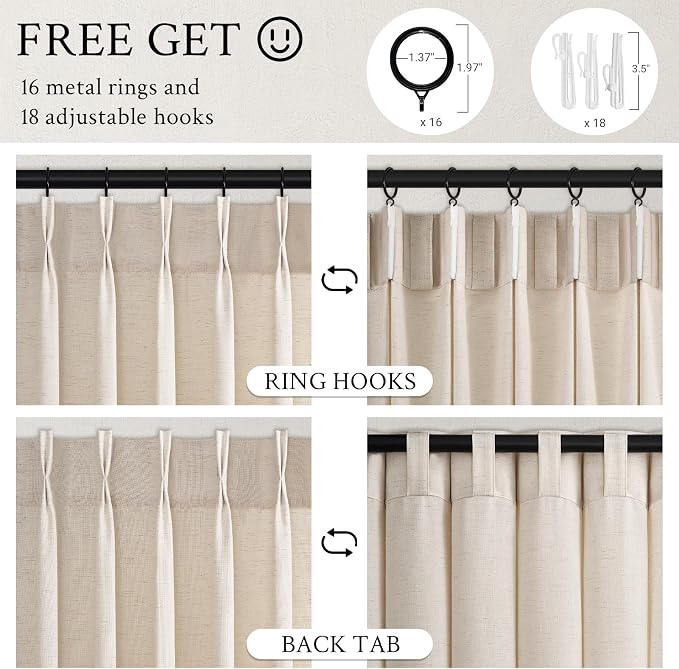 Topfinel 96 Inches Long Pinch Pleated Semi Sheer Curtains,Ivory Beige Linen Blended Light Filtering Window Curtains 96 Length 2 Panels for Living Room Bedroom Pinch Pleat Drapes with Hooks,40" Wx96 L