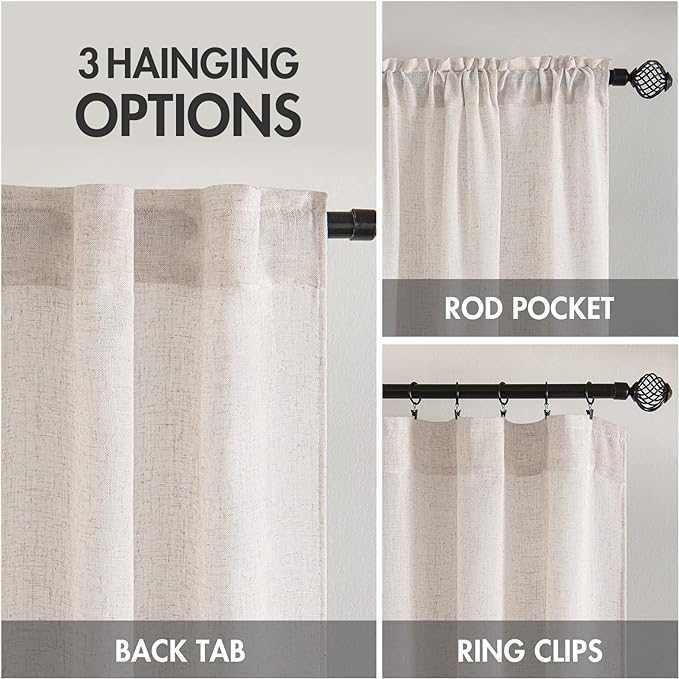 MIULEE White Linen Curtains 63 Inch Length 2 Panels for Bedroom Living Room, Soft Thick Linen Textured Natural Kitchen Window Drapes Semi Sheer Light Filtering Back Tab Rod Pocket Burlap Look Decor