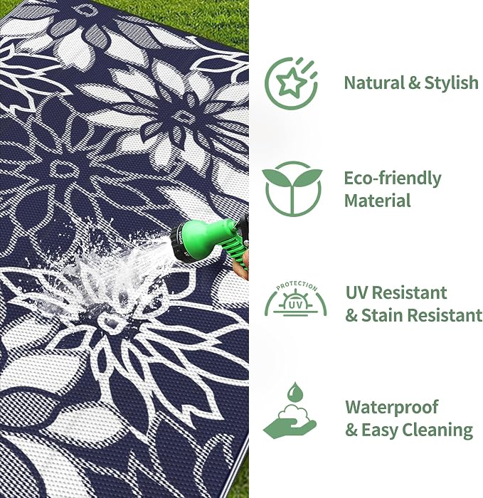 GENIMO Outdoor Rug, Waterproof Plastic Rugs for Patio, 6'x9' Sapphire White | Outside Larger Leaf Carpet Mat for Porch Decor, Deck, Balcony, Camping, RV, Backyard, Picnic, Beach, Reversible, Foldable