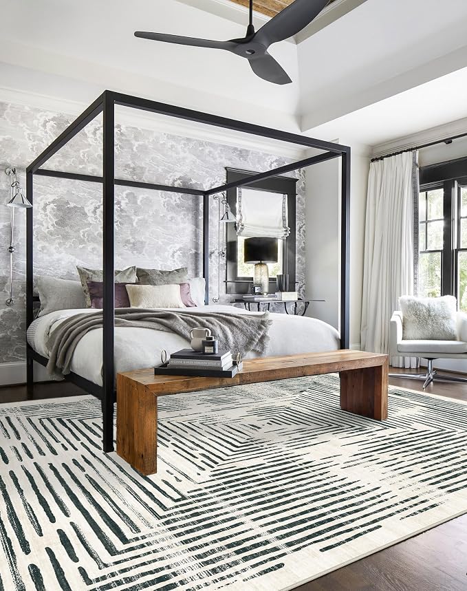 BLISSA Large Washable Area Rugs 9x12 - Soft Black White Lines Borderd Modern Abstract Rug for Living Room Ultra-Thin Geometric Striped Carpet for Bedroom Nursery Dining Room Office Home Decor