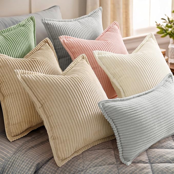 decorUhome Fall Corduroy Natural Beige Throw Pillow Covers 12x20 Set of 2 | Lumbar Couch Decorative Soft Modern Boho Farmhouse Pillow Covers Broadside Striped Pillow Cases for Living Room Bed Sofa