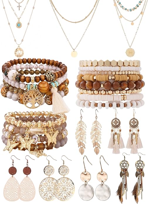 Tondiamo 12Pcs Boho Jewelry Set for Women Bohemian Western Jewelry Set with Long Pendant Necklace Dangle Earrings and Stackable Bangle Bracelets Accessories for Women Friendship Gift