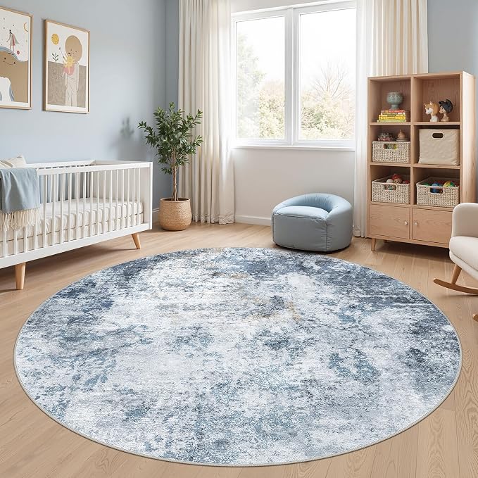 DMOYEST 8ft Round Area Rug for Living Room - 8x8 Washable & Non Slip Circle Rug, Kid & Pet Friendly Soft Low Pile Abstract Carpet for Bedroom and Dining Room - Blue