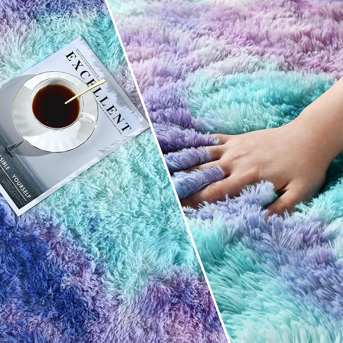 Deerhoo Shag Area Rug, 4 X 6 Tie-Dyed Plush Fuzzy Rugs for Living Room, Ultra Soft Fluffy Furry Rug for Bedroom, Indoor Carpet Nursery Rugs for Kids Room Home Decor, Rainbow