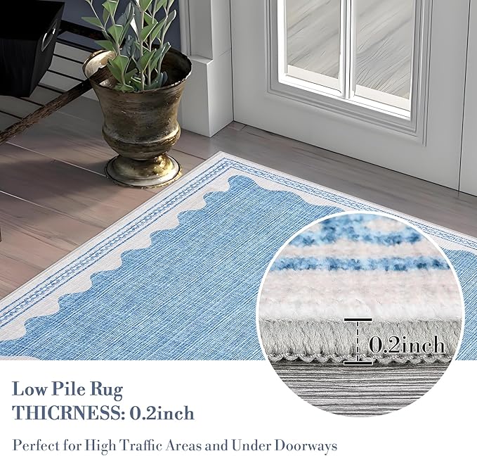 4ft Scalloped Round Rug Blue Washable Living Room Bedroom Area Rugs | Small Solid Rug for Bedroom Girls, Non Slip Scalloped Round Bath Mat, Soft Dorm Nursery Carpet for Bedside