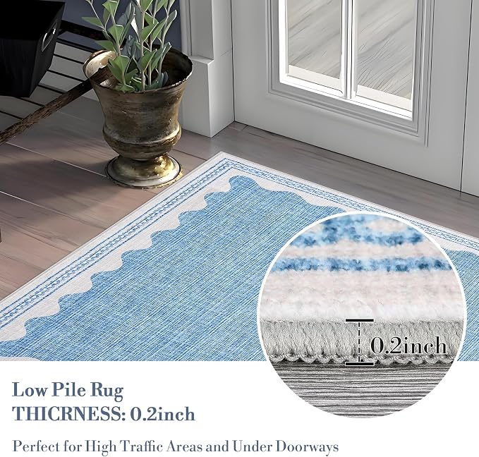 6ft Scalloped Round Rug Blue Washable Living Room Bedroom Area Rugs | Small Solid Rug for Bedroom Girls, Non Slip Scalloped Round Bath Mat, Soft Dorm Nursery Carpet for Bedside