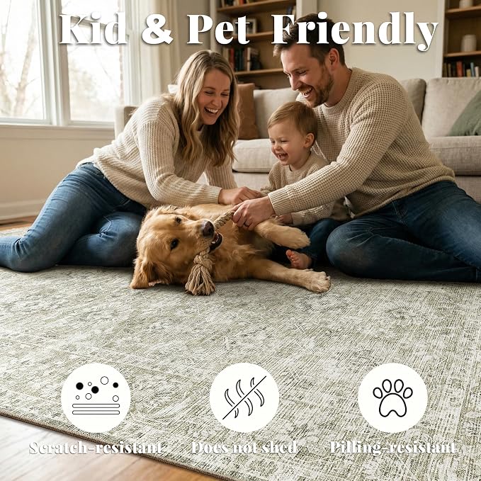 Washable Rugs for Living Room: 9x12 Area Rugs for Bedroom Ultra Soft Non-Slip Stain Resistant Vintage Boho Large Carpet for High-Traffic Dining Room - Farmhouse Decor
