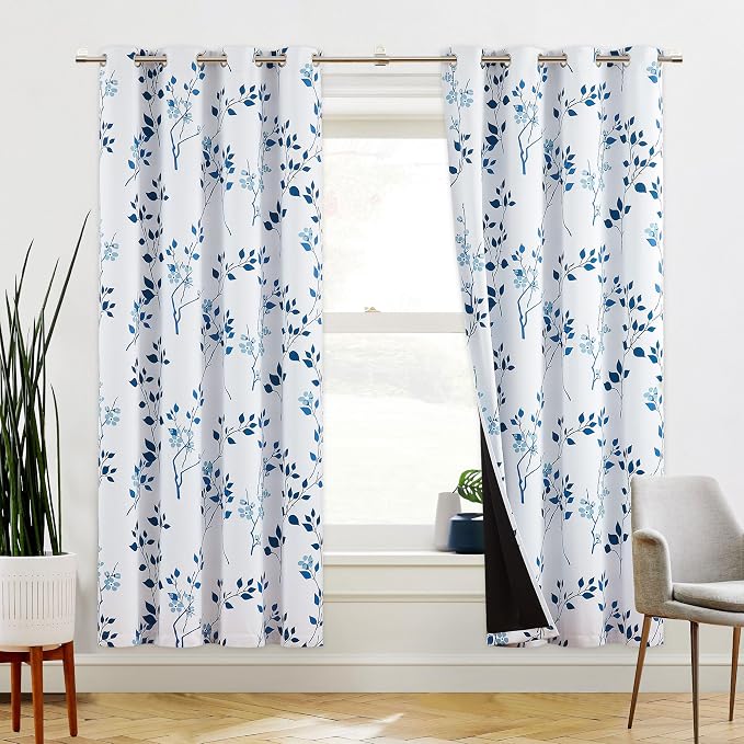 Beauoop Floral 100% Blackout Curtains for Bedroom Navy Blue 52X72 2 Panels | Flower Patterned Navy White Room Darkening Drapes for Living Room Thermal Insulated Soundproof Window treatment Grommet