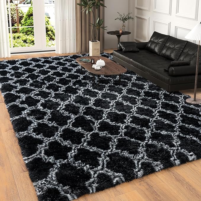 6x9 Area Rugs for Bedroom Living Room, Soft Modern Black and White Rugs | Soft Fluffy Plush Geometric Rug Upgrade Non-Slip Shaggy Fuzzy Carpet for Playroom Teen Dorm Home Office Decor