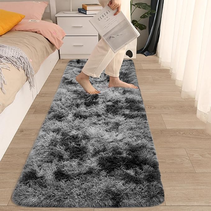 2x6 Fluffy Soft Runner Rug for Bedroom Living Room, Dark Grey and Black Carpet Runners for Hallways Non-Slip Shaggy Bedside Long Rug, Fuzzy Shag Bedroom Runner for Kids Room Dorm Nursery
