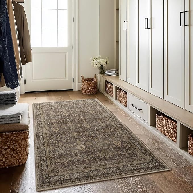 Washable 4x6 Rugs, Boho Vintage Non-Slip Distress Rugs, Deep Brown | 0.3" Neutral Throw Rugs for Bedroom Kitchen Nursery Living Room, Cushioned Area Rug for High-traffic