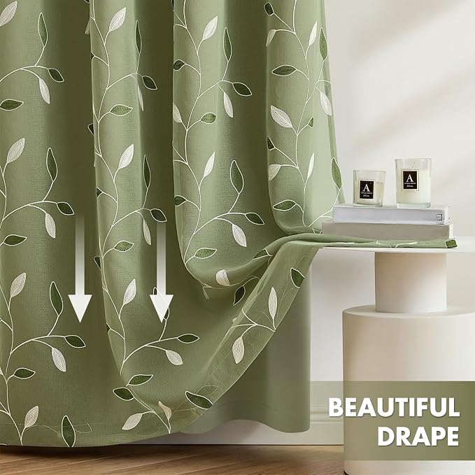 MIULEE Sage Green Double Layer Curtains 84 Inches Long, Leaf Patterned Sheer Floral Drapes and Blackout Room Darkening Window Curtains for Living Room Bedroom, Grommets Top, 52" W x 84" L, 2 Panels