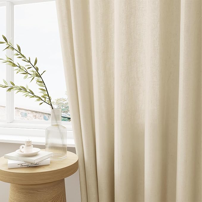 Extra Wide Sheer Linen Pleated Curtains 90 Inches Long 72 Inch Wide | Beige Tan, Boho Farmhouse, Privacy Curtain, for Living Dining Room Patio Sliding Glass Door Drapes, with Hooks Rings, 72x90