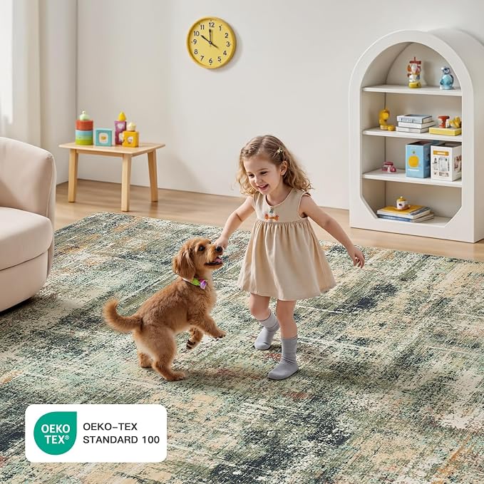 Lofus 9x12 Area Rug for Living Room, Coffee/Green Abstract Large Rugs with Non-Slip Backing, Neutral Modern Washable Carpet for Bedroom Dining Room Home Office Nursery Indoor