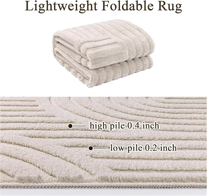 SHACOS Soft Cozy Fluffy Arch High Low Pile Round Rug 4ft Non Slip Washable Scandi Minimalist Circle Area Rug Modern Geometric Carpet for Living Room Bedroom Bathroom Kitchen, Beige