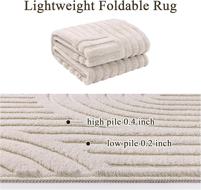 SHACOS Soft Cozy Fluffy Arch High Low Pile Runner Rugs 3x8 ft Non Slip Washable Scandinavian Minimalist Area Rug Runner Modern Carpet for Living Room Bedroom Bathroom Hallway Kitchen, Beige