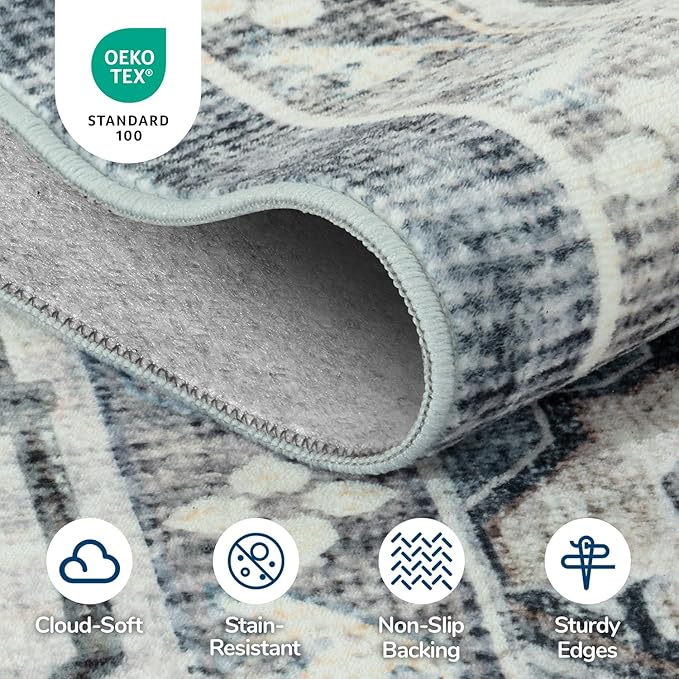 Lessymo Runner Rug 2 x 6, Machine Washable Entryway Rugs Boho Faux Wool Low Pile Area Rug for Bedroom, Floral Medallion Vintage Rugs with Non-Slip Rubber,Blue Grey/Beige