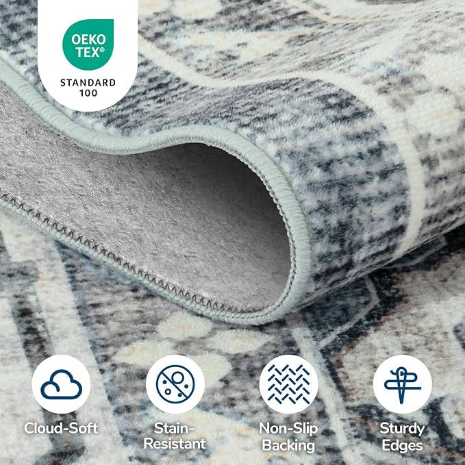 Lessymo 8x10 Vintage Medallion Rug for Living Room, Machine Washable Area Rugs for Bedroom Dining Room Under Table, Soft Low Pile Carpet with Non Slip Backing, Blue Grey/Beige