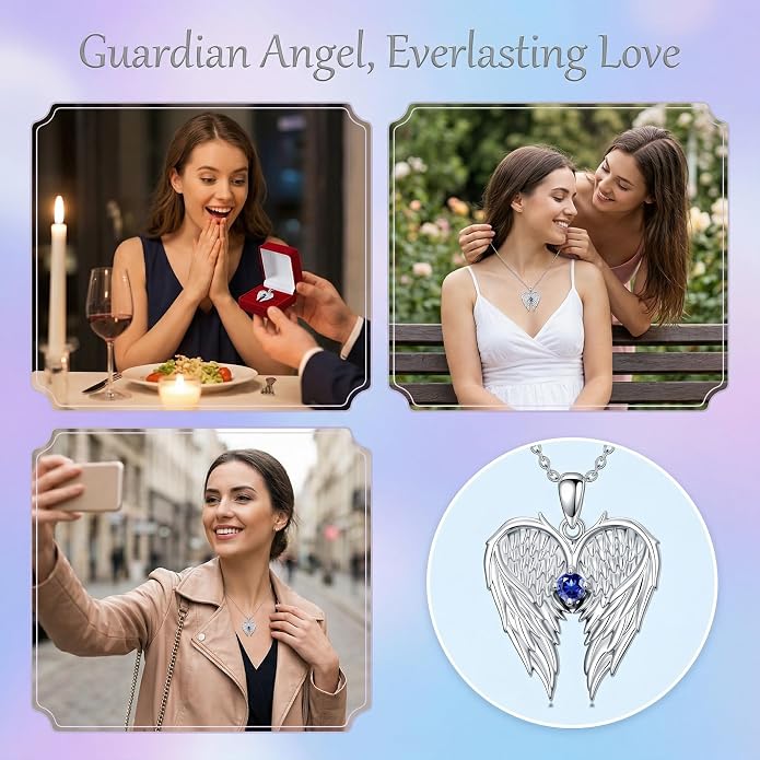 Dorunmo Guardian Angel Wing Pendant Birthstone Heart Necklace Birthday Jewelry Gifts for Women Mom Wife Daughter