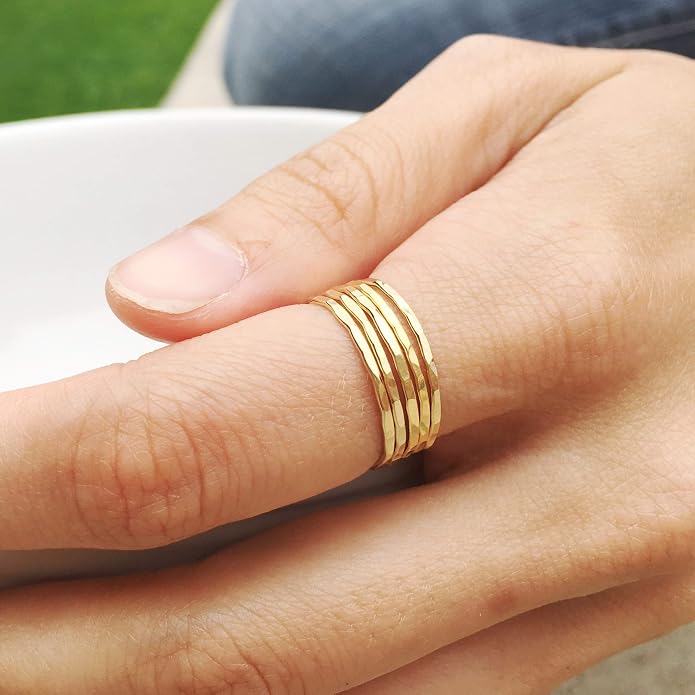 Ellie J Maui Hammered Ring, 1mm Thin Stacking Rings, Minimalist Rings for Women, 14K Gold Filled Rings for Teen Girls Midi Knuckle Pinky Finger Jewerly (Size 3-11)