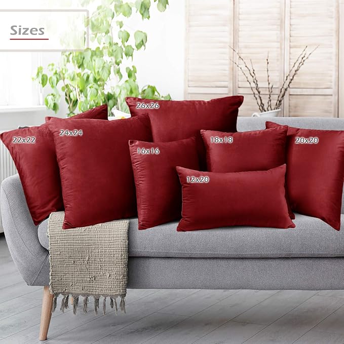 Nestl Throw Pillow Covers, Cozy Velvet Decorative Outdoor Pillow Covers 16 x 16 Inches, Soft Solid Cushion Covers for Sofa, Bed and Car, Set of 4 - Cherry Red