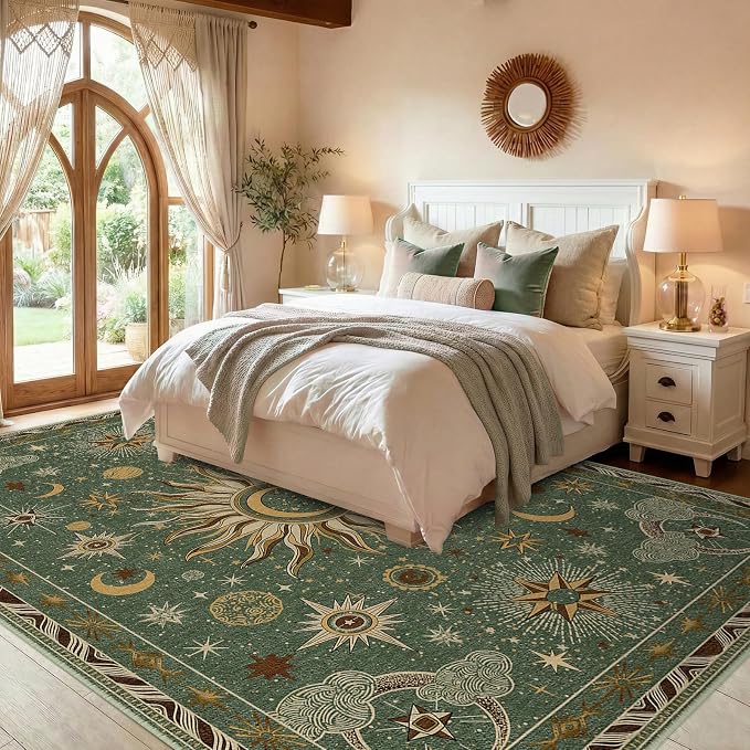 Vacuum-Friendly, 8x10 Washable Area Rug, Green Brown | Sun and Moon Boho Gothic Non-Slip Low Pile Living Roon Bedroom Dining Room Kitchen Entry Entryway Entrance Hallway Doormat
