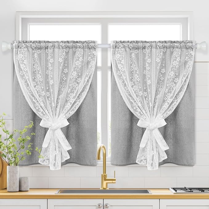 ASPMIZ Linen Kitchen Curtains 36 Inch Length, Double Layered Window Curtain 2 Panel Sets Rod Pocket Short Curtains for Kitchen, Farmhouse Window Treatment Tiers for Bathroom, Cafe, Grey
