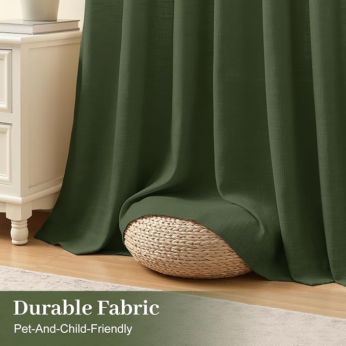 IVAPUPU 96 Inch Linen Curtains for Living Room, Pinch Pleated Semi Sheer Curtain Light Filtering Modern Memory Trained Back Tab Drapes with Hook for Bedroom Farmhouse, Olive Green, W40xL96, 2 Panel