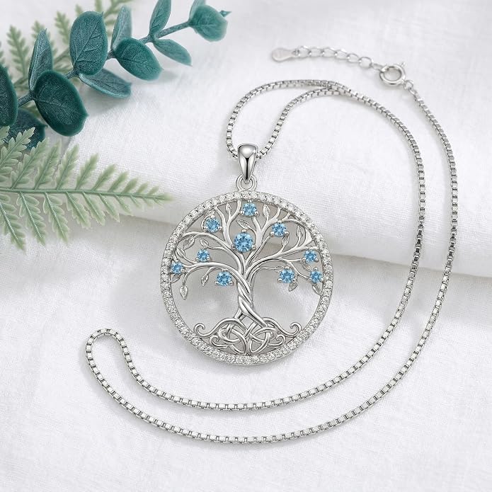 ONEFINITY Tree of Life Necklace 18k White Gold Plated Tree of Life Birthstone Pendant Necklace Birthstone Jewelry Anniversary Birthday Gifts for Women Men