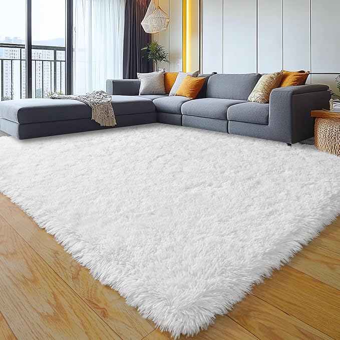 9x12 Large Area Rugs for Living Room, White Fluffy Shag Rug | Bedroom and Nursery, Soft and Comfy, Big Fuzzy Carpet for Kids, Girls Room Dorm Home Decor Aesthetic, Upgrade Non Slip