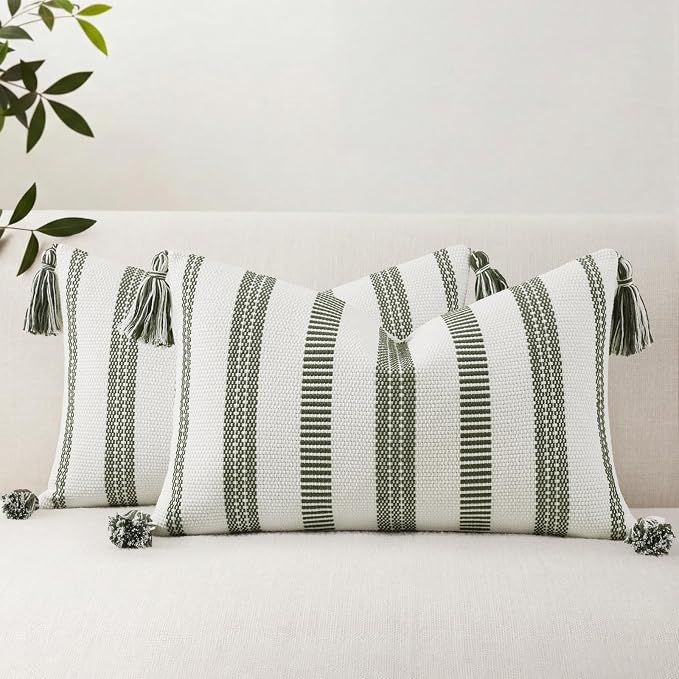 Smile Bee Boho Outdoor Couch Throw Pillow Covers Set of 2 Decorative Thick Woven Striped Accent Neutral Pillow Covers with Tassels for Bed Sofa Home Decor 12x20 Inch, Olive Green and Cream White | Woven Cozy Boho Decorative Modern Farmhouse Accent Pill...
