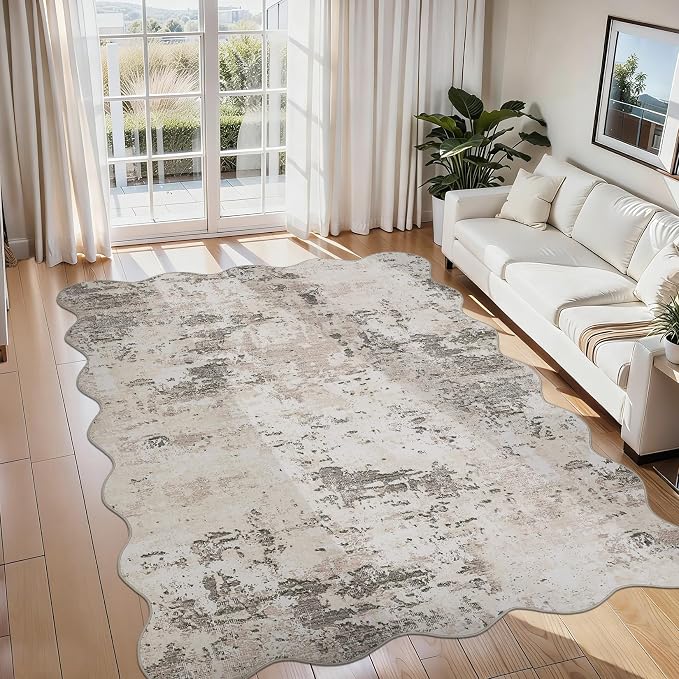 ROYHOME 5x7 Modern Abstract Faux Wool Scalloped Rug Ultra-Soft Low Pile Accent Rug Stain Resistant Carpet Machine Washable for Bedroom with Non Slip Backing, Brown Grey